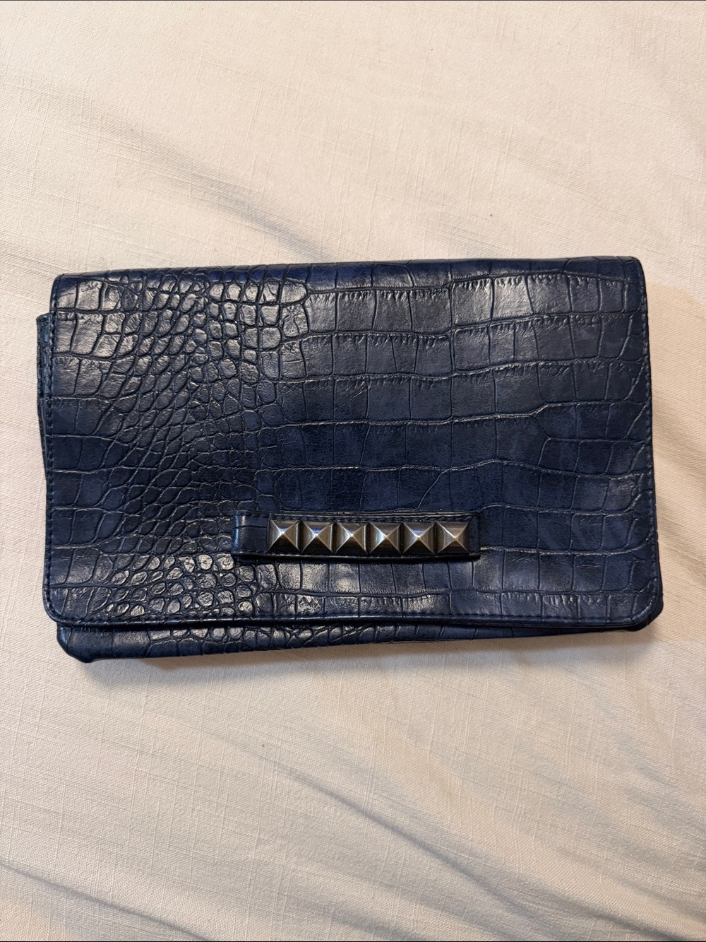 Cosmopolitan Navy Croc-Embossed Foldover Clutch with Pyramid Studs